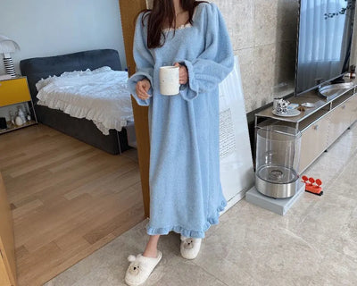 قميص نوم شتوي بأكمام طويلة من الفلانيل للنساء، ملابس نوم فضفاضة سادة، ملابس نوم سميكة ودافئة، ملابس نوم منزلية مريحة