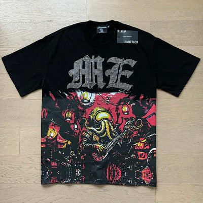 تي شيرت رجالي ونسائي فضفاض كاجوال برقبة دائرية وأكمام قصيرة، مطبوع عليه ملاك من High Street Fashion Hot Drill Streetwear MIXED EMOTION