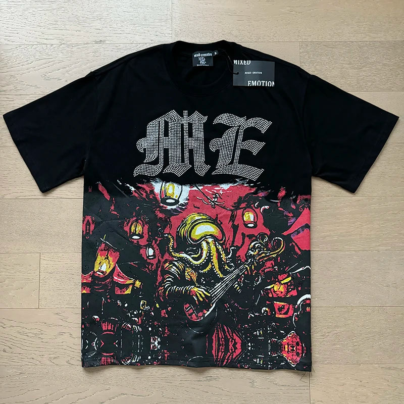 تي شيرت رجالي ونسائي فضفاض كاجوال برقبة دائرية وأكمام قصيرة، مطبوع عليه ملاك من High Street Fashion Hot Drill Streetwear MIXED EMOTION