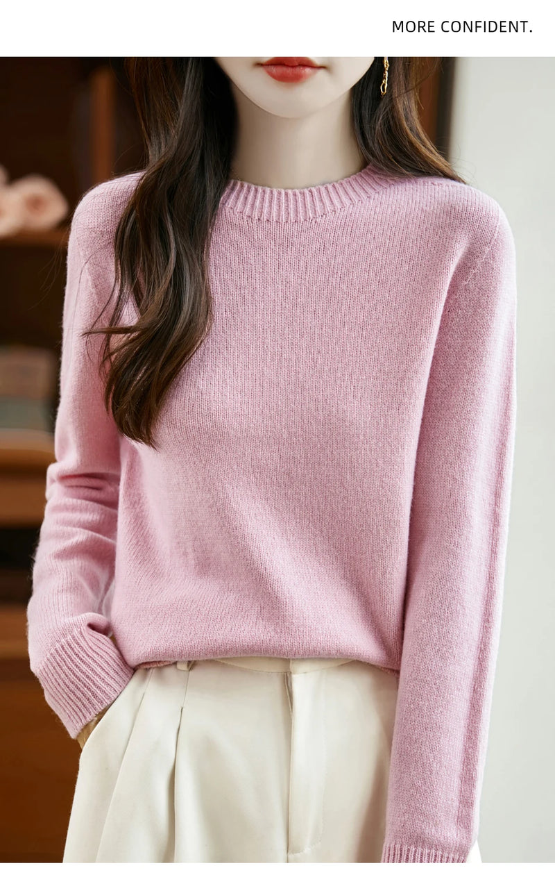 سترة نسائية أساسية للخريف والشتاء أنيقة من صوف ميرينو 100% محبوكة برقبة دائرية وأكمام طويلة وقماش جيرسي للسيدات