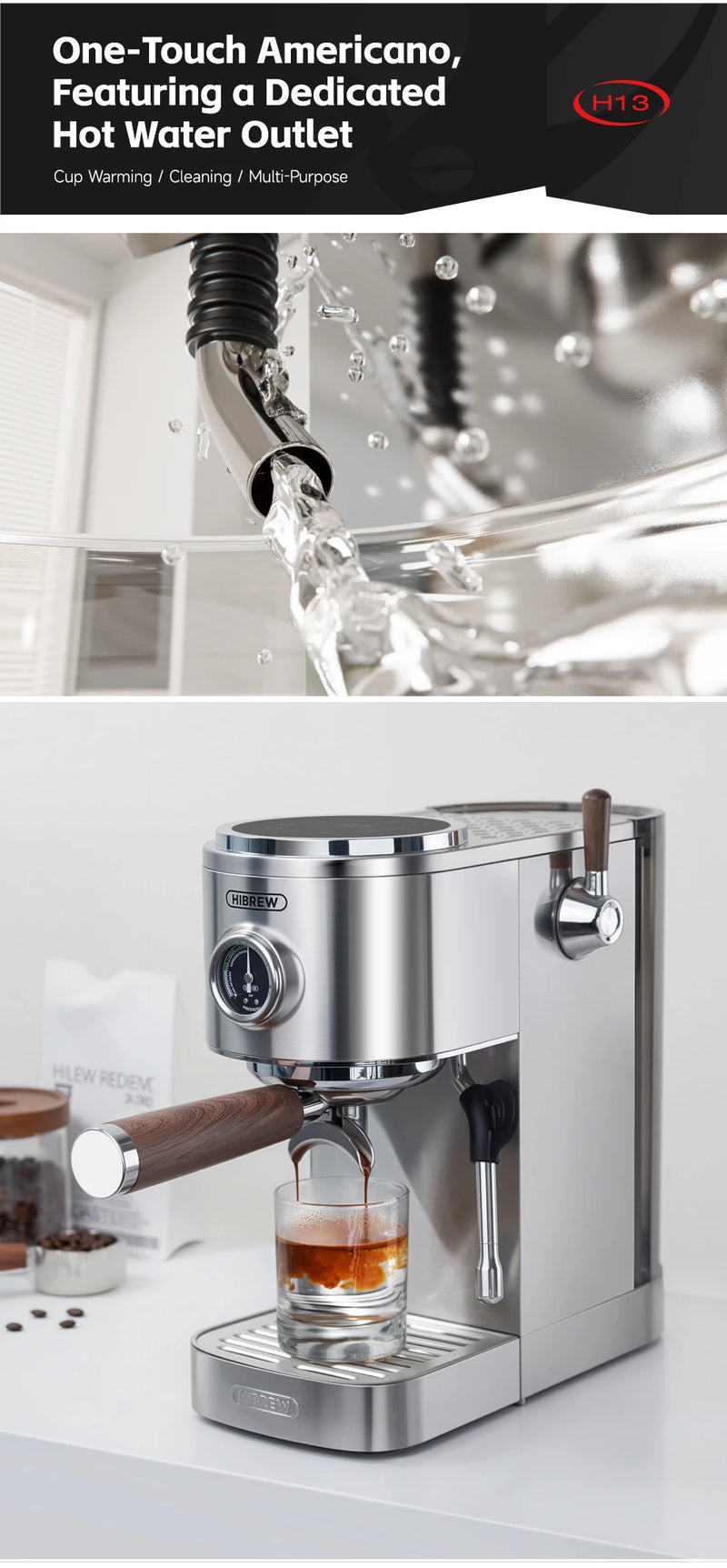 ماكينة صنع قهوة الإسبريسو نصف أوتوماتيكية من HiBREW، بثلاثة مستويات قابلة للتعديل لدرجة الحرارة، بارد/ساخن، 20 بار، ماكينة صنع قهوة كابتشينو H13