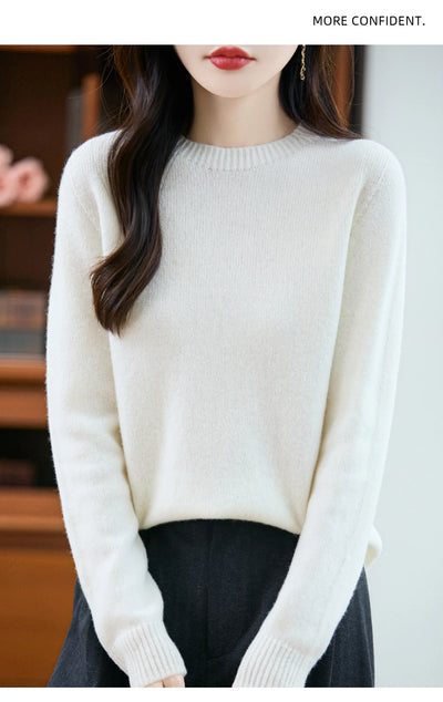 سترة نسائية أساسية للخريف والشتاء أنيقة من صوف ميرينو 100% محبوكة برقبة دائرية وأكمام طويلة وقماش جيرسي للسيدات