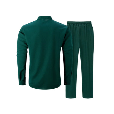 بدلة رجالية جديدة لفصل الخريف، قميص وافل سادة اللون بأكمام طويلة مع كارديجان بجيب، مجموعة ملابس رجالية أنيقة غير رسمية مع بنطلون طويل