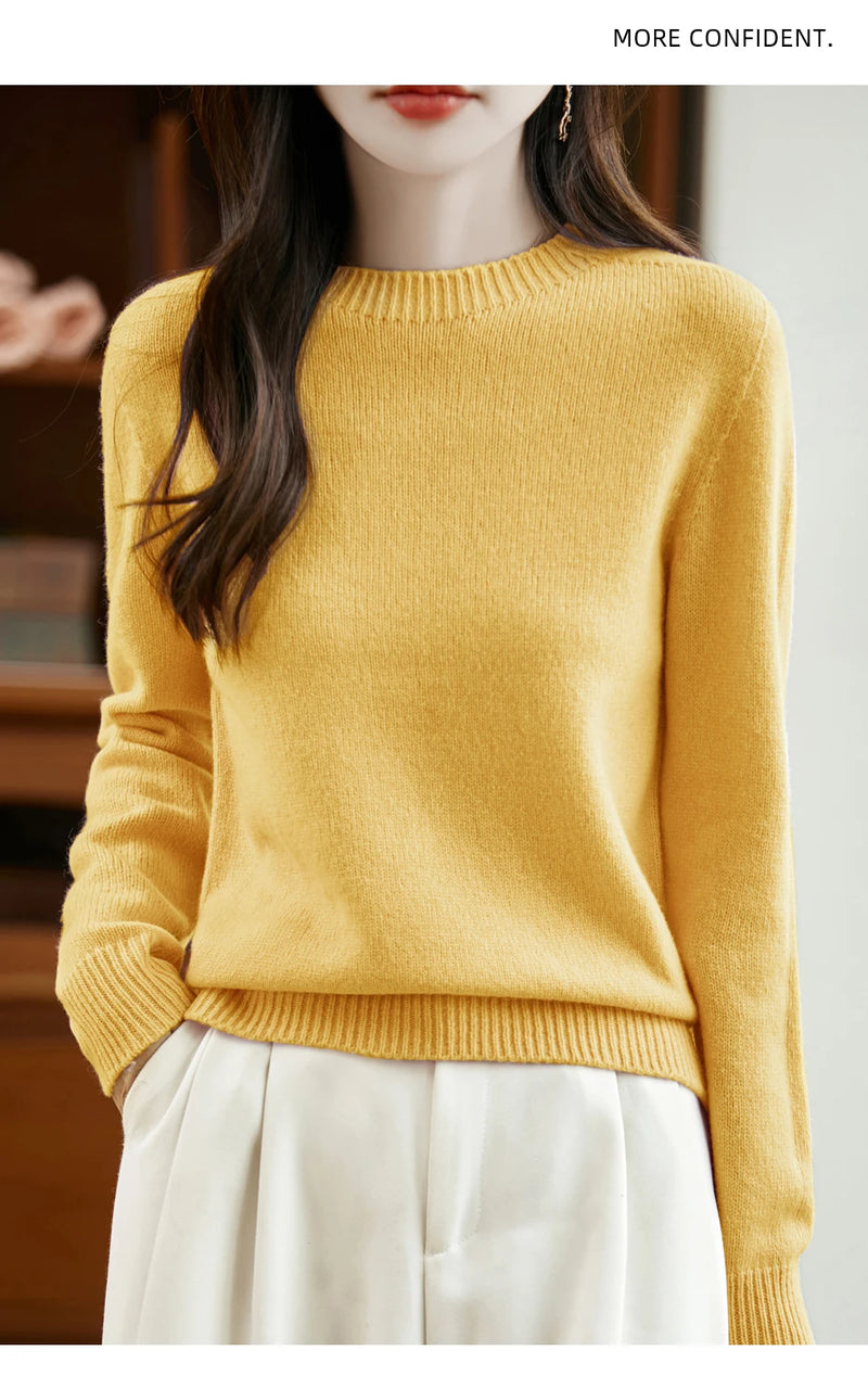 سترة نسائية أساسية للخريف والشتاء أنيقة من صوف ميرينو 100% محبوكة برقبة دائرية وأكمام طويلة وقماش جيرسي للسيدات