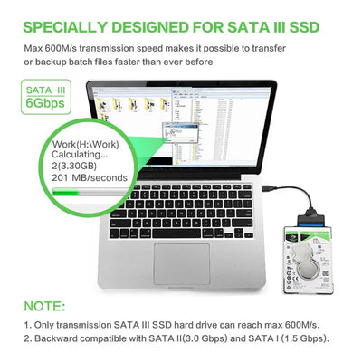 كابل SATA إلى USB 3.0 / 2.0 بسرعة تصل إلى 6 جيجابت في الثانية لمحركات الأقراص الصلبة الخارجية SSD مقاس 2.5 بوصة، محول SATA 3 22 دبوسًا، كابل USB 3.0 إلى Sata III