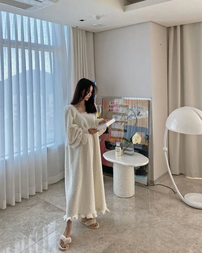 قميص نوم شتوي بأكمام طويلة من الفلانيل للنساء، ملابس نوم فضفاضة سادة، ملابس نوم سميكة ودافئة، ملابس نوم منزلية مريحة