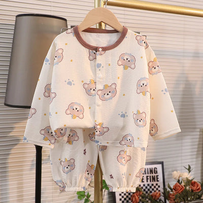 ملابس نوم جديدة للأطفال برسومات كرتونية لطيفة، قطعتين، بيجامات منزلية رقيقة للربيع والصيف للأولاد والبنات، ملابس مكيفة