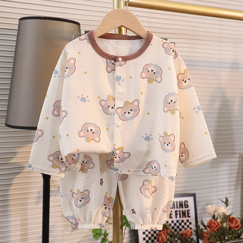 ملابس نوم جديدة للأطفال برسومات كرتونية لطيفة، قطعتين، بيجامات منزلية رقيقة للربيع والصيف للأولاد والبنات، ملابس مكيفة