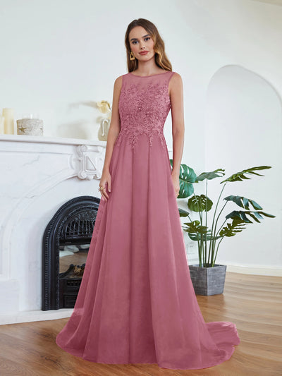 فستان وصيفة العروس من BABYONLINE بلون الورد المغبر مع صد من الدانتيل، فستان أنيق من التول بتصميم حرف A، مناسب للمناسبات الرسمية وحفلات الزفاف للنساء