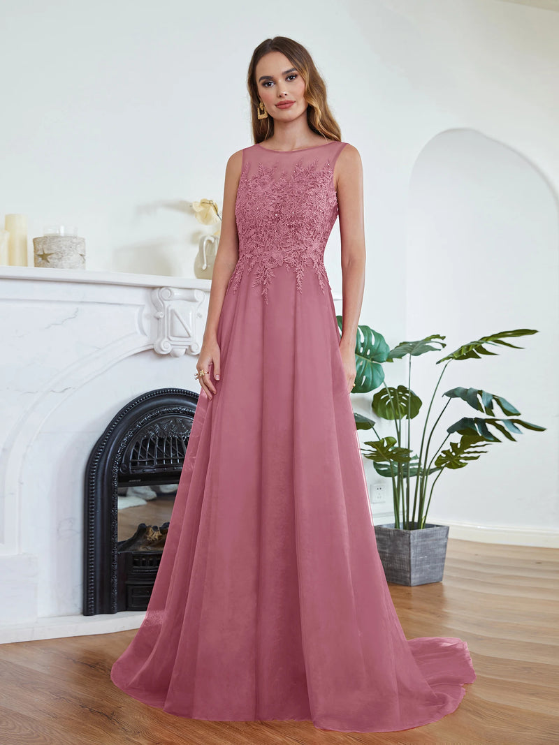 فستان وصيفة العروس من BABYONLINE بلون الورد المغبر مع صد من الدانتيل، فستان أنيق من التول بتصميم حرف A، مناسب للمناسبات الرسمية وحفلات الزفاف للنساء