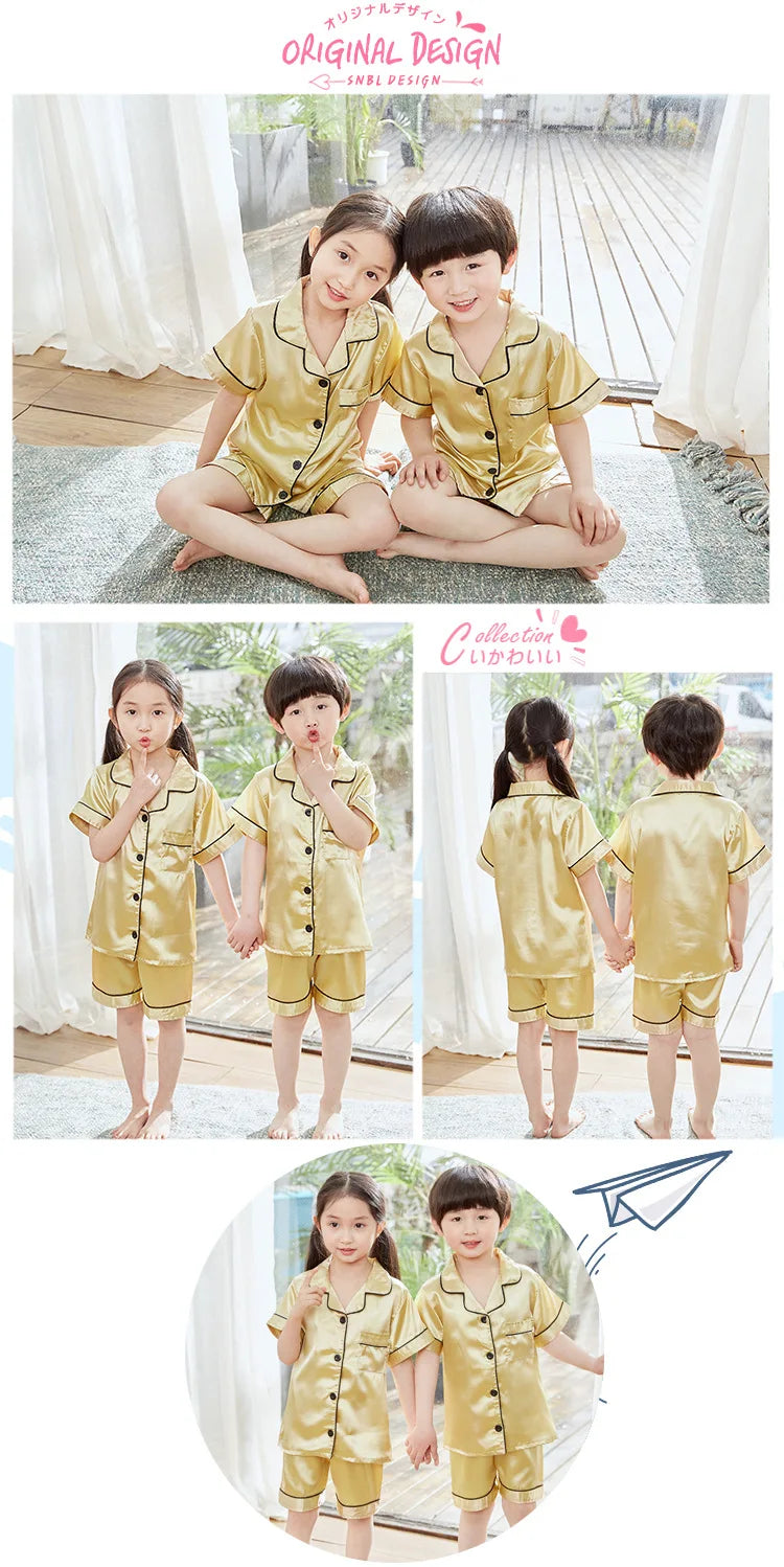 طقم بيجامات قصيرة من الحرير الساتان للأولاد والبنات للأطفال الصغار 3 4 5 6 7 8 9 10 11 12 13 14 سنة، ملابس نوم صيفية وردية للأطفال