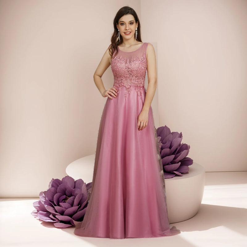 فستان وصيفة العروس من BABYONLINE بلون الورد المغبر مع صد من الدانتيل، فستان أنيق من التول بتصميم حرف A، مناسب للمناسبات الرسمية وحفلات الزفاف للنساء