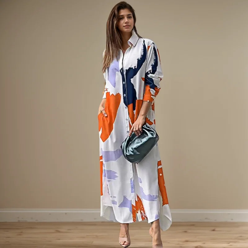 فستان طويل أنيق مثير بفتحة جانبية وياقة مطوية ومطبوع بأكمام طويلة وجيب وصدر واحد