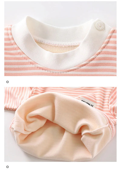 مجموعة ملابس دافئة للأطفال مبطنة بالصوف للأطفال الأولاد والبنات ملابس داخلية مخططة مجموعة ملابس نوم مثالية للمنزل بيجامات الخريف والشتاء