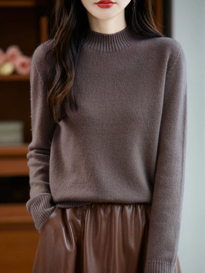 سترة نسائية أساسية للخريف والشتاء أنيقة سميكة من صوف ميرينو 100% محبوكة برقبة وهمية وملابس بأكمام طويلة