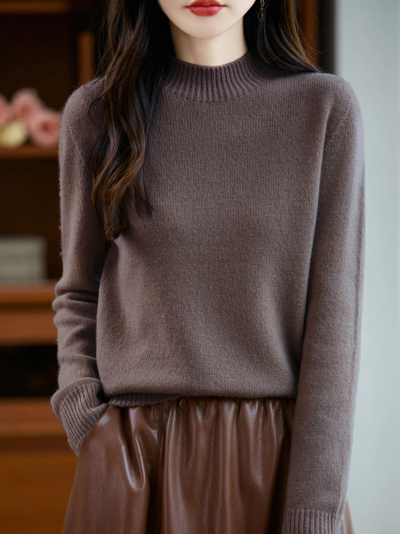 سترة نسائية أساسية للخريف والشتاء أنيقة سميكة من صوف ميرينو 100% محبوكة برقبة وهمية وملابس بأكمام طويلة