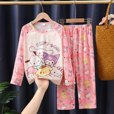 طقم بيجامات أطفال من قطعتين من الرسوم المتحركة بتصميم كرايون شين تشان بأكمام طويلة وبنطلون للبنات الصغار، ملابس نوم فضفاضة ولطيفة