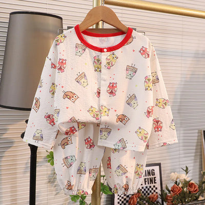 ملابس نوم جديدة للأطفال برسومات كرتونية لطيفة، قطعتين، بيجامات منزلية رقيقة للربيع والصيف للأولاد والبنات، ملابس مكيفة