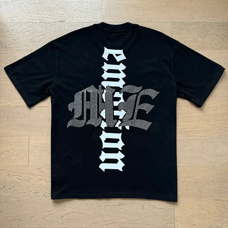 تي شيرت رجالي ونسائي فضفاض كاجوال برقبة دائرية وأكمام قصيرة، مطبوع عليه ملاك من High Street Fashion Hot Drill Streetwear MIXED EMOTION