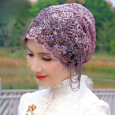 حجابات نسائية مسلمة مطرزة بالخرز الأسود، قبعات صلاة عيد رمضان، قبعات حفلات مسائية فاخرة، قبعات كوفية، عمامة، أوشحة إسلامية