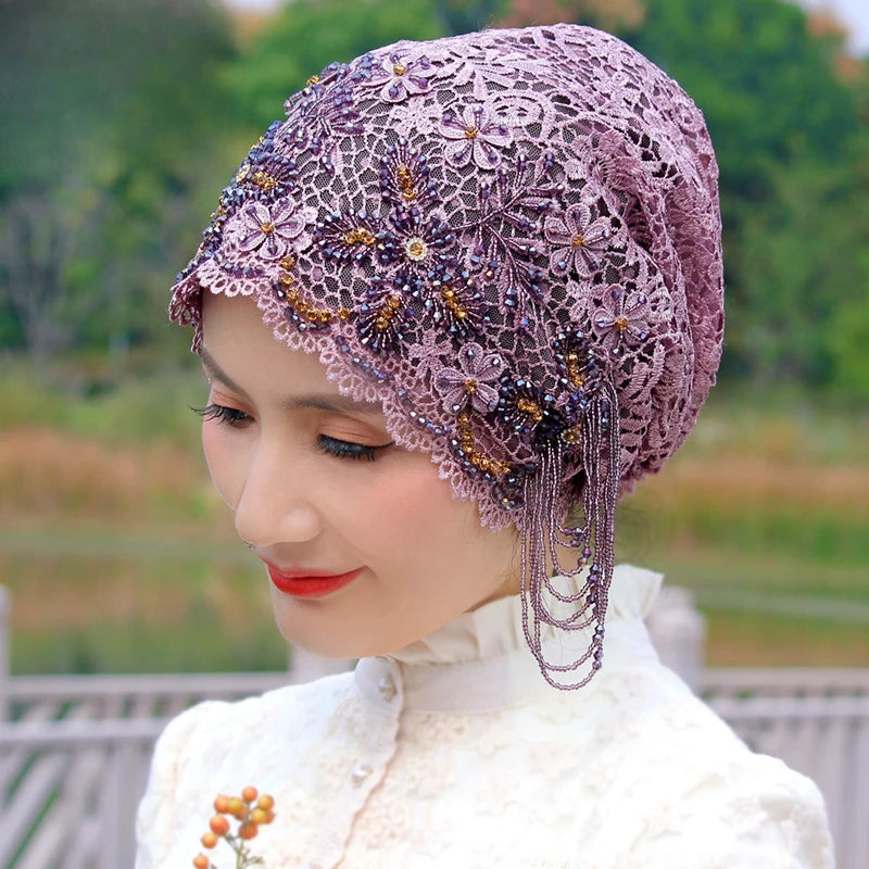 حجابات نسائية مسلمة مطرزة بالخرز الأسود، قبعات صلاة عيد رمضان، قبعات حفلات مسائية فاخرة، قبعات كوفية، عمامة، أوشحة إسلامية