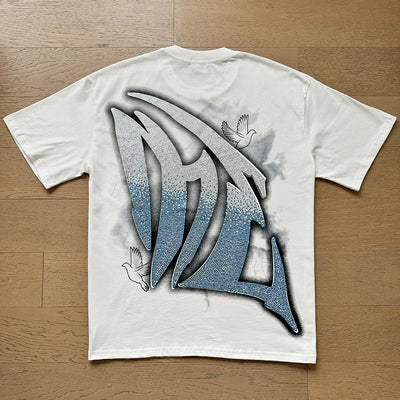 تي شيرت رجالي ونسائي فضفاض كاجوال برقبة دائرية وأكمام قصيرة، مطبوع عليه ملاك من High Street Fashion Hot Drill Streetwear MIXED EMOTION