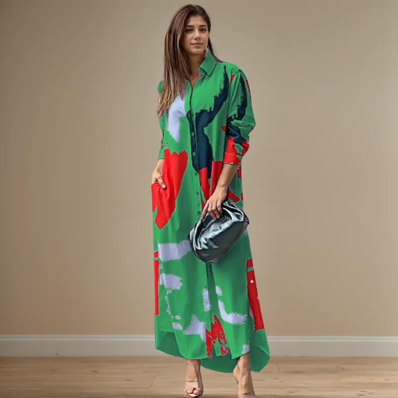 فستان طويل أنيق مثير بفتحة جانبية وياقة مطوية ومطبوع بأكمام طويلة وجيب وصدر واحد