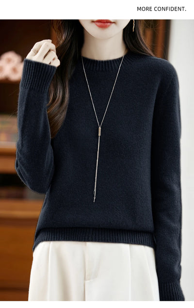 سترة نسائية أساسية للخريف والشتاء أنيقة من صوف ميرينو 100% محبوكة برقبة دائرية وأكمام طويلة وقماش جيرسي للسيدات