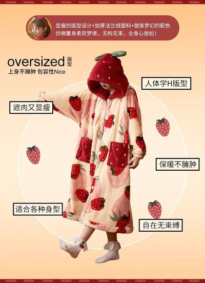 بيجامات شتوية للنساء، رداء طويل بغطاء للرأس برسومات كرتونية على شكل فراولة، ملابس منزلية لطيفة، ملابس نوم كاواي فلانل، رداء حمام دافئ ومريح