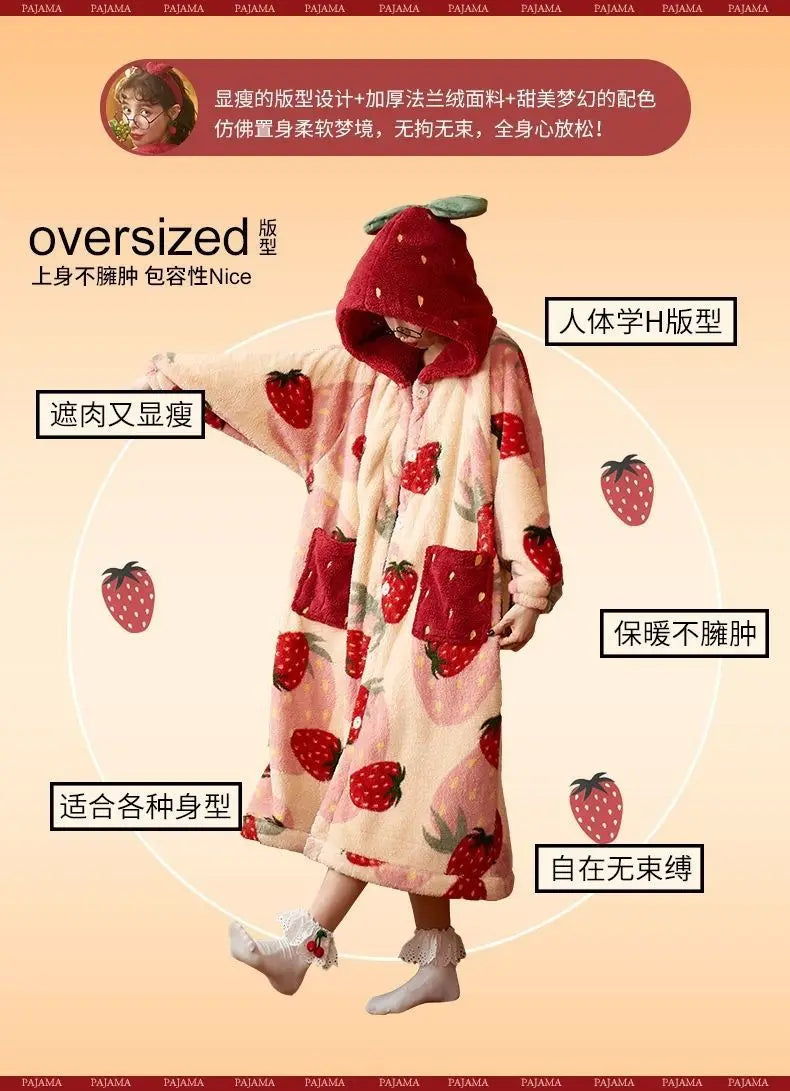 بيجامات شتوية للنساء، رداء طويل بغطاء للرأس برسومات كرتونية على شكل فراولة، ملابس منزلية لطيفة، ملابس نوم كاواي فلانل، رداء حمام دافئ ومريح