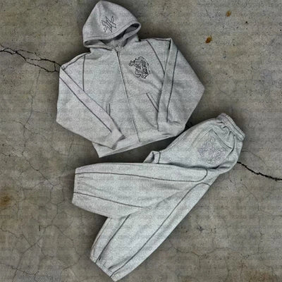 طقم سويت شيرت بقلنسوة وبنطال رياضي كاجوال بسحاب من أمريكا Y2K مكون من قطعتين، سويت شيرت هيب هوب مطرز كبير الحجم للرجال والنساء، بنطلون كاجوال