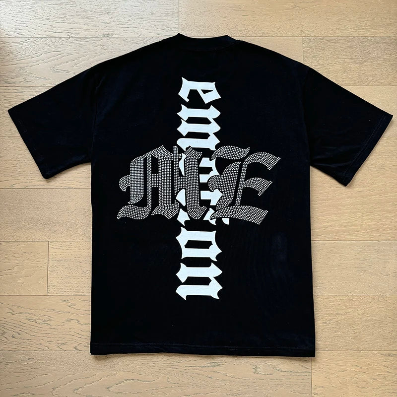 تي شيرت رجالي ونسائي فضفاض كاجوال برقبة دائرية وأكمام قصيرة، مطبوع عليه ملاك من High Street Fashion Hot Drill Streetwear MIXED EMOTION