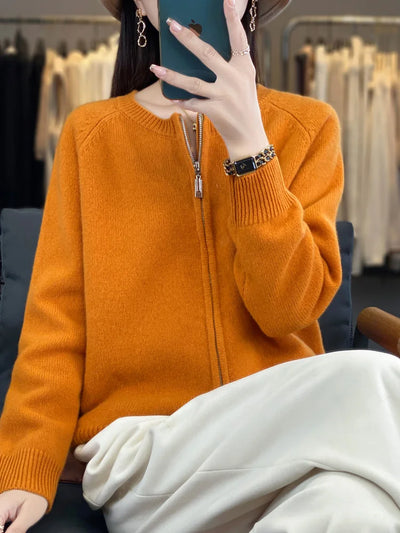 سترة MEELEX كاجوال خريفية شتوية ناعمة ودافئة للنساء من صوف ميرينو 100% محبوكة برقبة دائرية وسحاب وبلوزة سترة صوفية جديدة للنساء