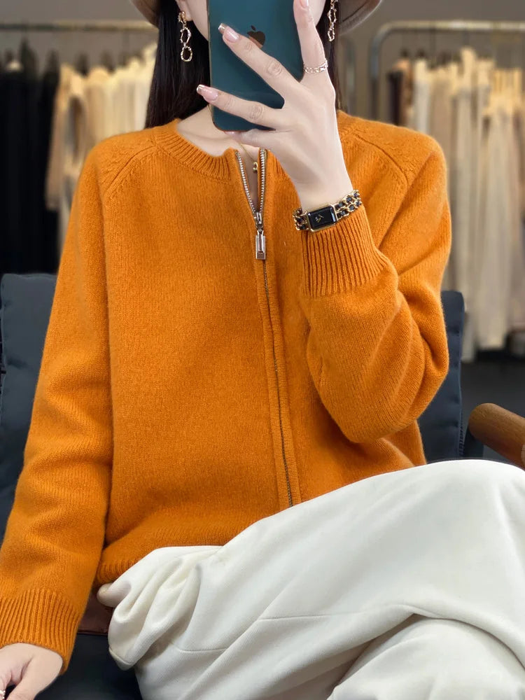 سترة MEELEX كاجوال خريفية شتوية ناعمة ودافئة للنساء من صوف ميرينو 100% محبوكة برقبة دائرية وسحاب وبلوزة سترة صوفية جديدة للنساء