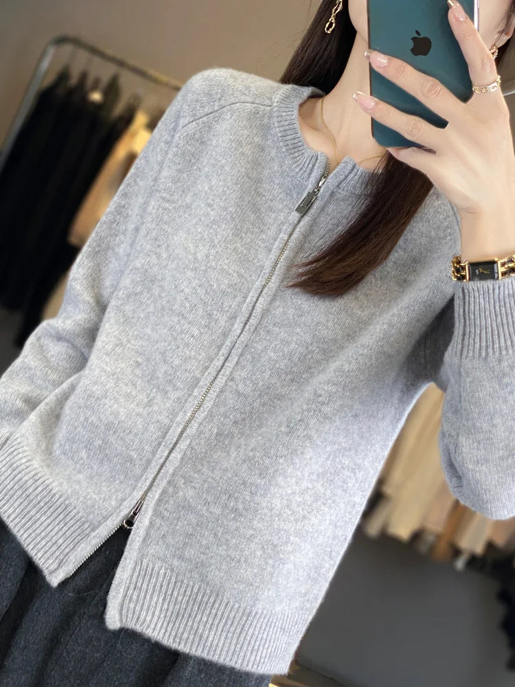 سترة MEELEX كاجوال خريفية شتوية ناعمة ودافئة للنساء من صوف ميرينو 100% محبوكة برقبة دائرية وسحاب وبلوزة سترة صوفية جديدة للنساء