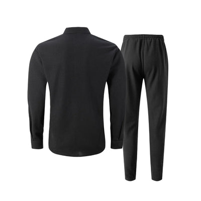 بدلة رجالية جديدة لفصل الخريف، قميص وافل سادة اللون بأكمام طويلة مع كارديجان بجيب، مجموعة ملابس رجالية أنيقة غير رسمية مع بنطلون طويل