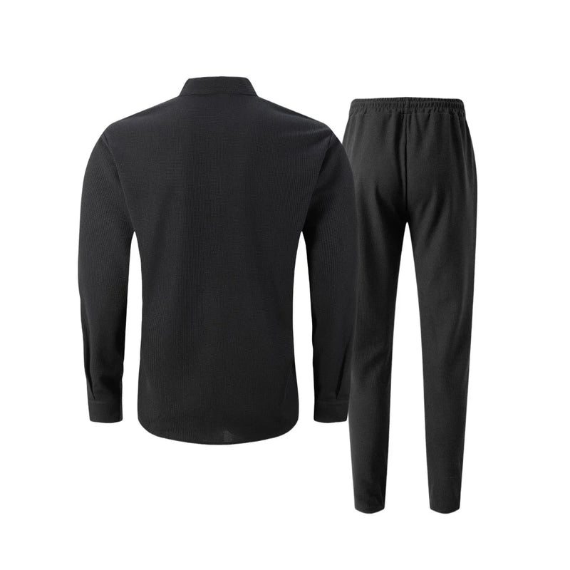 بدلة رجالية جديدة لفصل الخريف، قميص وافل سادة اللون بأكمام طويلة مع كارديجان بجيب، مجموعة ملابس رجالية أنيقة غير رسمية مع بنطلون طويل