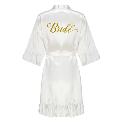 رداء زفاف العروس ووصيفة العروس للنساء هدايا حفلات الزفاف فستان الفريق ثوب حرير ساتان ملابس نوم كيمونو مع كشكشة حرف أبيض