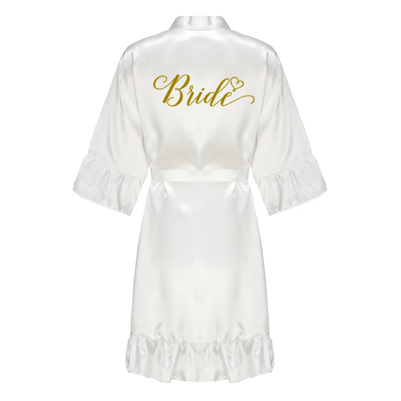 رداء زفاف العروس ووصيفة العروس للنساء هدايا حفلات الزفاف فستان الفريق ثوب حرير ساتان ملابس نوم كيمونو مع كشكشة حرف أبيض