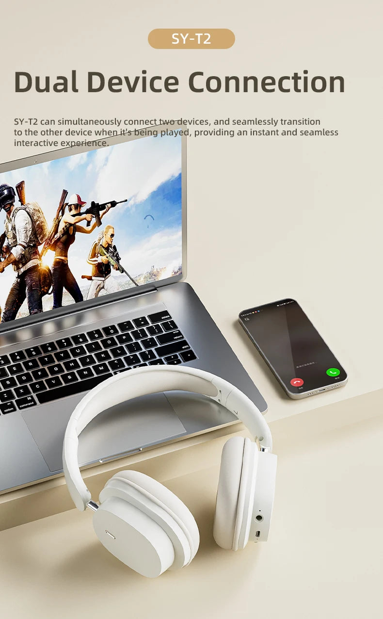 سماعة رأس بلوتوث أصلية SY-T2 عالية الجودة مع ميكروفون لاسلكي لتقليل الضوضاء وسماعات رأس سلكية للاعبين