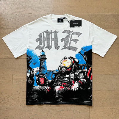 تي شيرت رجالي ونسائي فضفاض كاجوال برقبة دائرية وأكمام قصيرة، مطبوع عليه ملاك من High Street Fashion Hot Drill Streetwear MIXED EMOTION