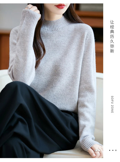 سترة نسائية أساسية للخريف والشتاء أنيقة سميكة من صوف ميرينو 100% محبوكة برقبة وهمية وملابس بأكمام طويلة