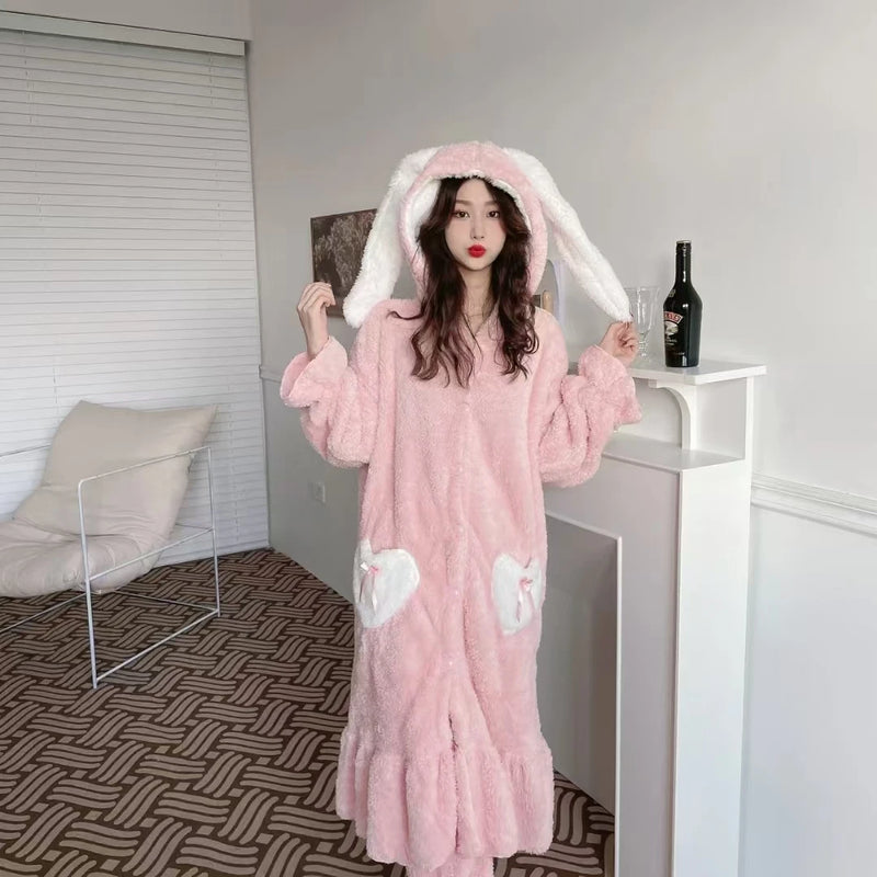 رداء بيجامات شتوي 2025 الأكثر مبيعًا، رداء نوم وردي طويل الأذن، ملابس منزلية مريحة وناعمة، رداء حمام، حفلة بيجامات