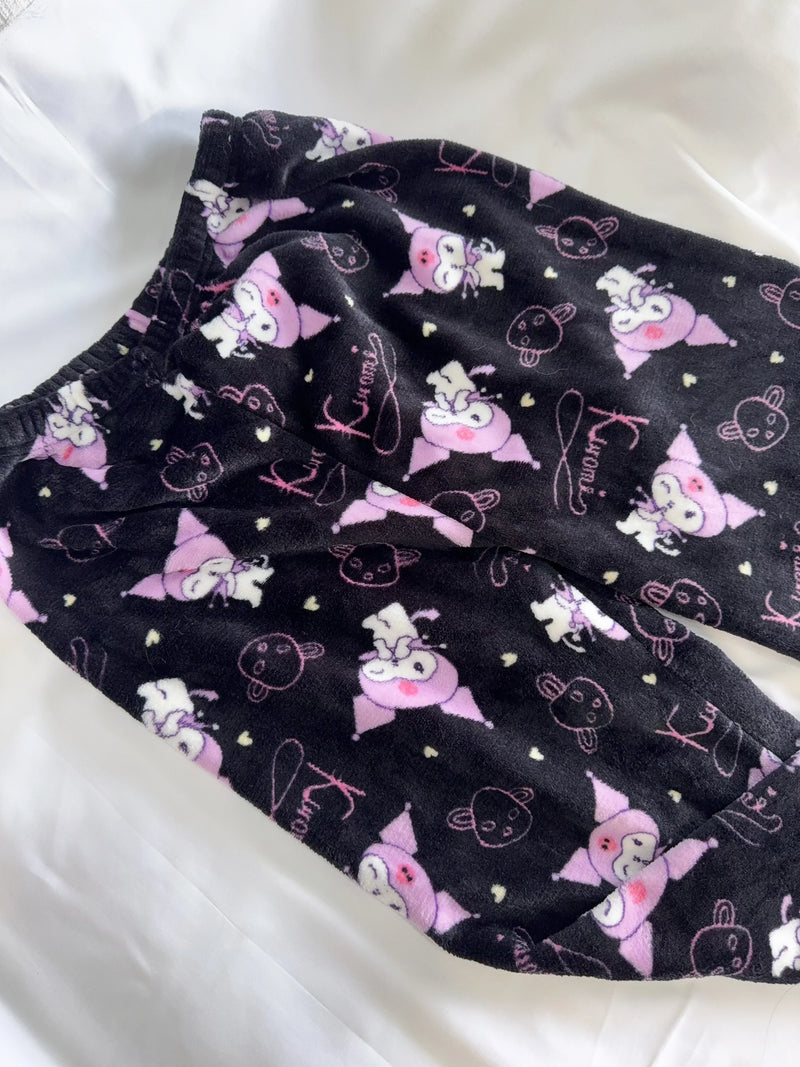 بنطلون بيجامة من الفلانيل من Hello Kitty Kuromi، أنمي، كرتون، Sanrio، بنطلون منزلي، ملابس نوم منزلية للزوجين، بنطلون، ملابس منزلية ترفيهية