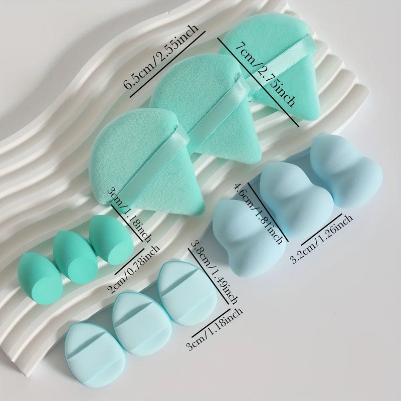 مجموعة إسفنجات مكياج متعددة الأغراض مكونة من 12 قطعة، مصنوعة من 3 إسفنجات بودرة سائبة، و3 إسفنجات هوائية صغيرة، و3 بيضات تجميل، و3 إسفنجات تجميل صغيرة