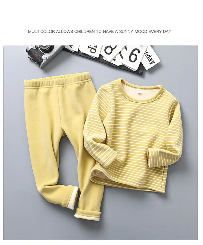 طقم بيجامات مخطط مبطن بالقطيفة للأطفال، مصمم للخريف والشتاء، مناسب للارتداء اليومي والنوم للأطفال