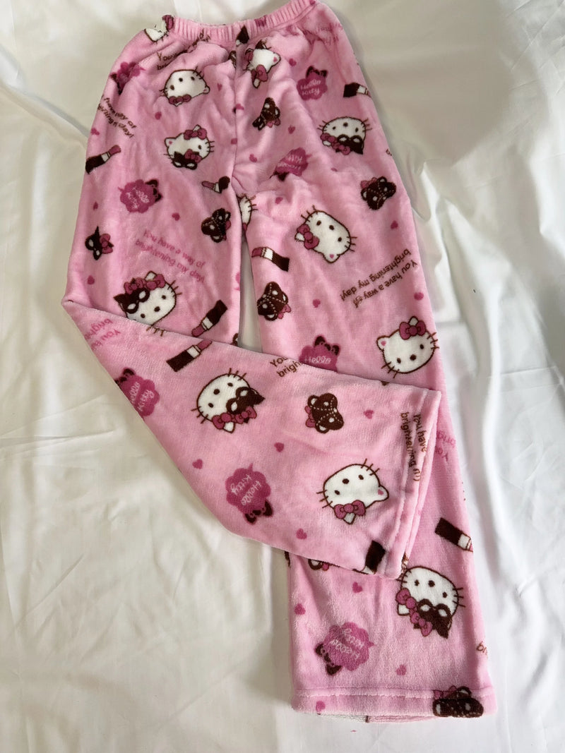 بنطلون بيجامة من الفلانيل من Hello Kitty Kuromi، أنمي، كرتون، Sanrio، بنطلون منزلي، ملابس نوم منزلية للزوجين، بنطلون، ملابس منزلية ترفيهية