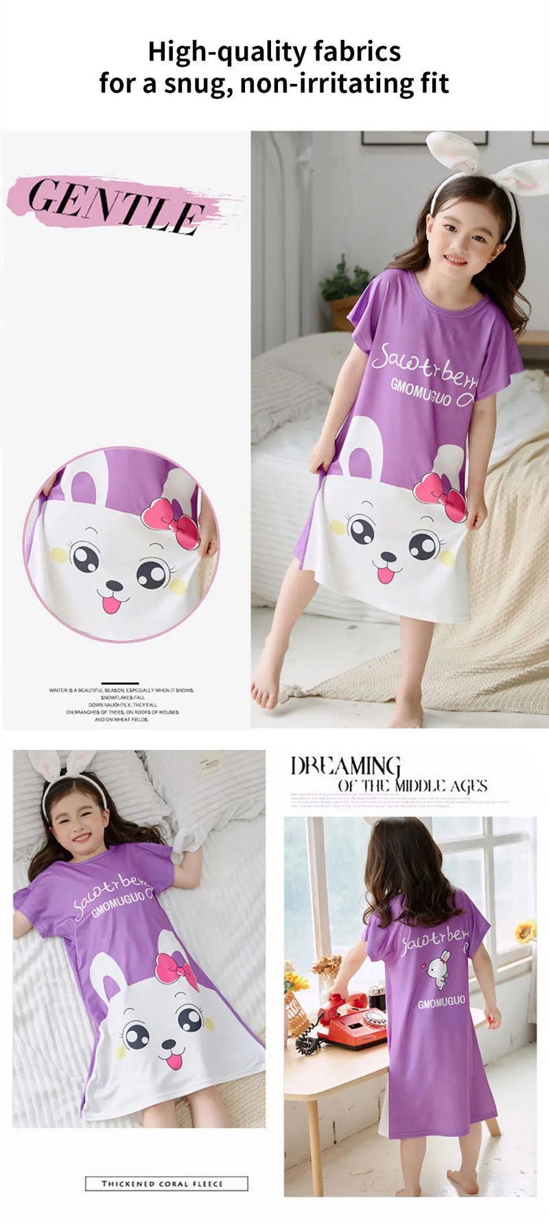 Summer Sleepwear for Girls Short-Sleeve Cartoon Unicorn Dino Nightgown Children Sleeping Clothes for Little Kids Bedtime Dress