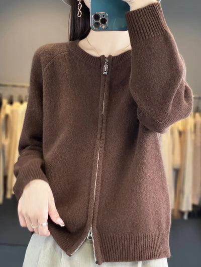 سترة MEELEX كاجوال خريفية شتوية ناعمة ودافئة للنساء من صوف ميرينو 100% محبوكة برقبة دائرية وسحاب وبلوزة سترة صوفية جديدة للنساء