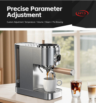 ماكينة صنع قهوة الإسبريسو نصف أوتوماتيكية من HiBREW، بثلاثة مستويات قابلة للتعديل لدرجة الحرارة، بارد/ساخن، 20 بار، ماكينة صنع قهوة كابتشينو H13